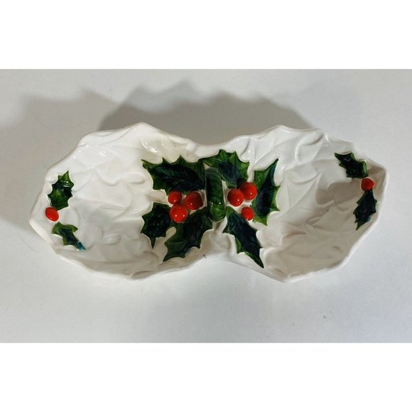 Vintage Lefton White Holly 2 Part Relish Condiment Dish Christmas Holiday Green - Picture 1 of 9